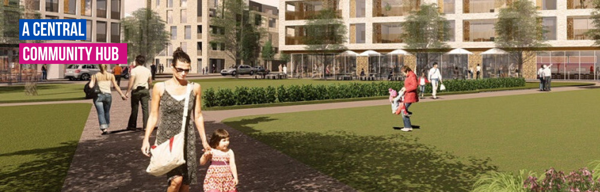 Artist's impression shows people walking and socialising on a green outside shops and apartment blocks.