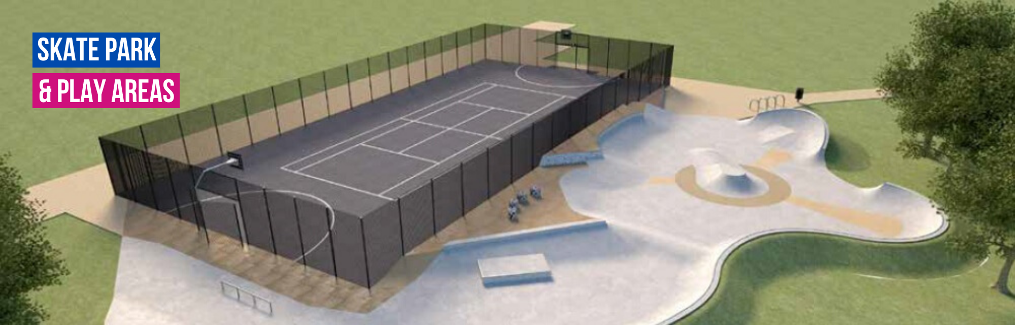 Artist's impression of a basketball court and skate park